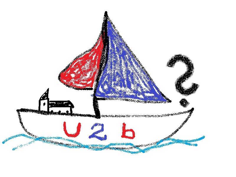 Farbige Zeichnung mit einer kleinen Kirche auf einem Segelboot. Am Bug ist ein großes Fragezeichen. Im Rumpf steht U2b